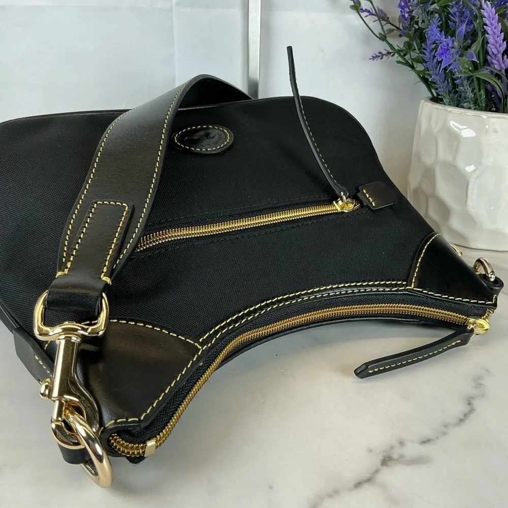 Dooney‎ & Bourke Hobo Black Nylon Shoulder Small Bag with Gold Details